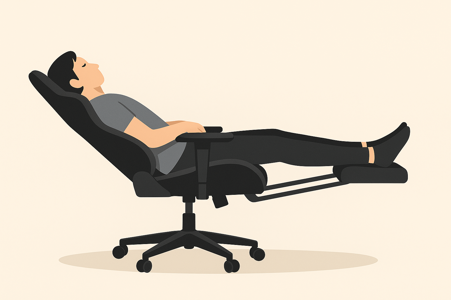 フルフラット近くまで倒したゲーミングチェアとオットマンのイラスト(腰・背中の支持点を示す)
